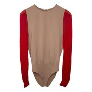 Wolford Light Shadow Tan Bodysuit with Red Sleeves